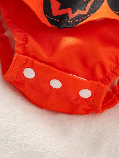 1-18M Baby Girl Autumn Halloween Pumpkin Smiling Face Print Flutter Sleeve Romper With Ruffle Sun Hat 2pcs Set, Cute Infant Halloween Party Bodysuit