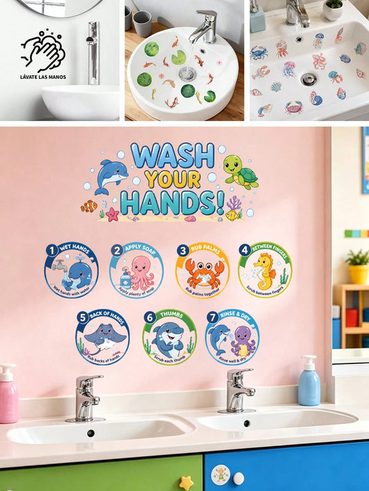 1/2 Sheets Kids Bathroom Wall Stickers Ocean Animals 7 Step Hand Washing Guide, Cartoon Dolphin Turtle Removable Wall Decals For Nursery School Decor