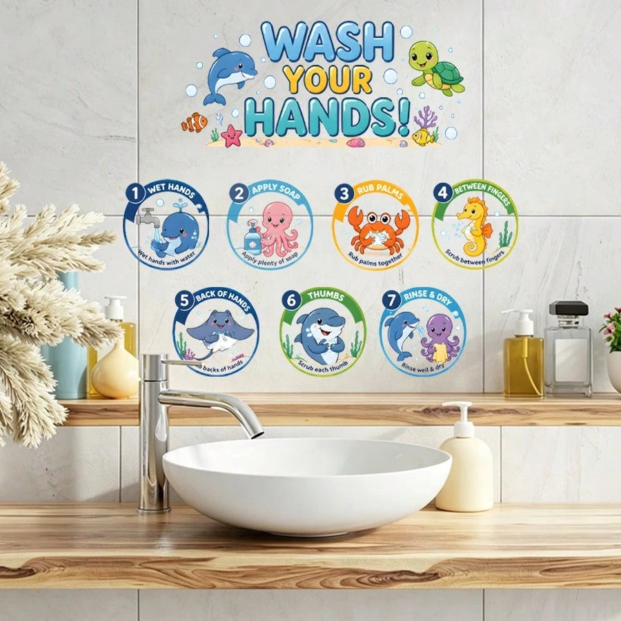 1/2 Sheets Kids Bathroom Wall Stickers Ocean Animals 7 Step Hand Washing Guide, Cartoon Dolphin Turtle Removable Wall Decals For Nursery School Decor