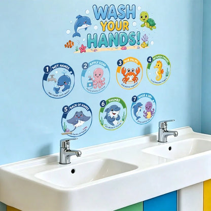 1/2 Sheets Kids Bathroom Wall Stickers Ocean Animals 7 Step Hand Washing Guide, Cartoon Dolphin Turtle Removable Wall Decals For Nursery School Decor