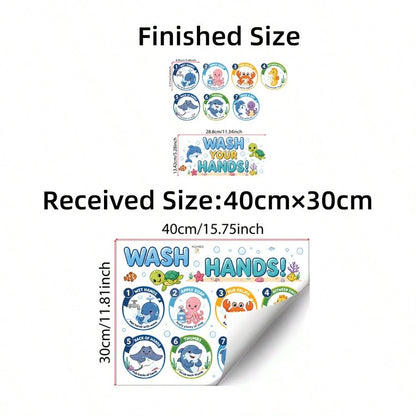 1/2 Sheets Kids Bathroom Wall Stickers Ocean Animals 7 Step Hand Washing Guide, Cartoon Dolphin Turtle Removable Wall Decals For Nursery School Decor