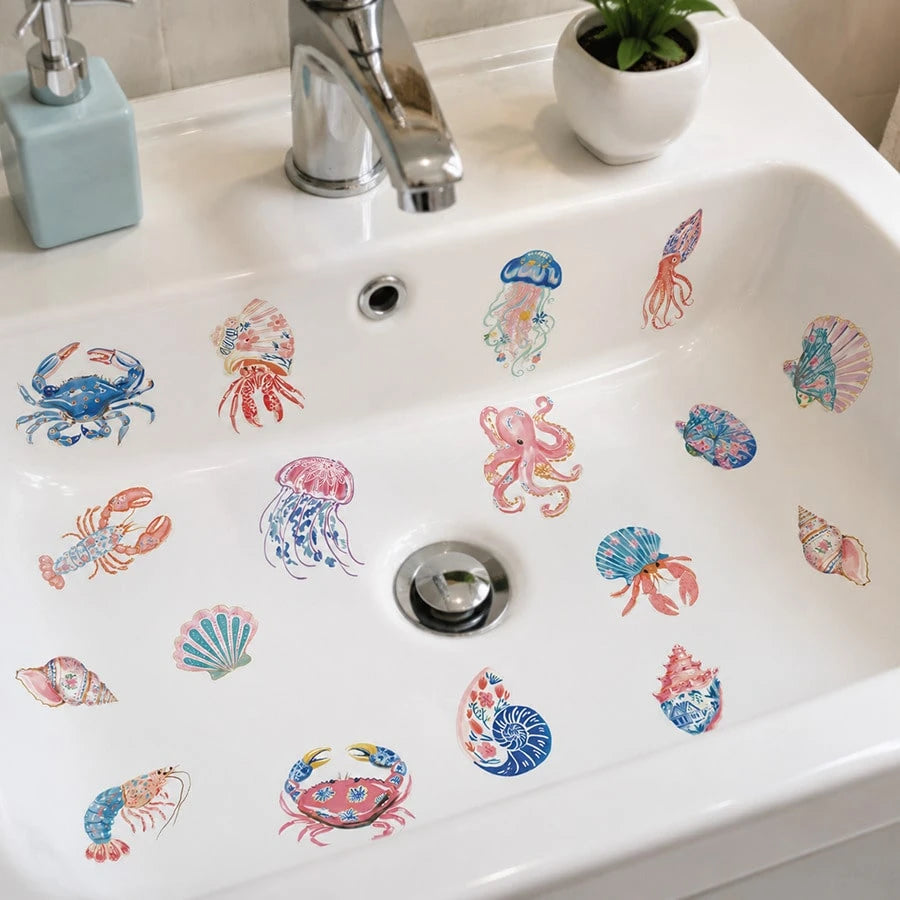 1/2 Sheets Kids Bathroom Wall Stickers Ocean Animals 7 Step Hand Washing Guide, Cartoon Dolphin Turtle Removable Wall Decals For Nursery School Decor