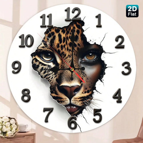1 2D Flat Leopard Print Baby Face Wall Clock| Silent And Non-Ticking, Very Suitable For Kitchens, Classrooms, Offices, Homes, And Schools