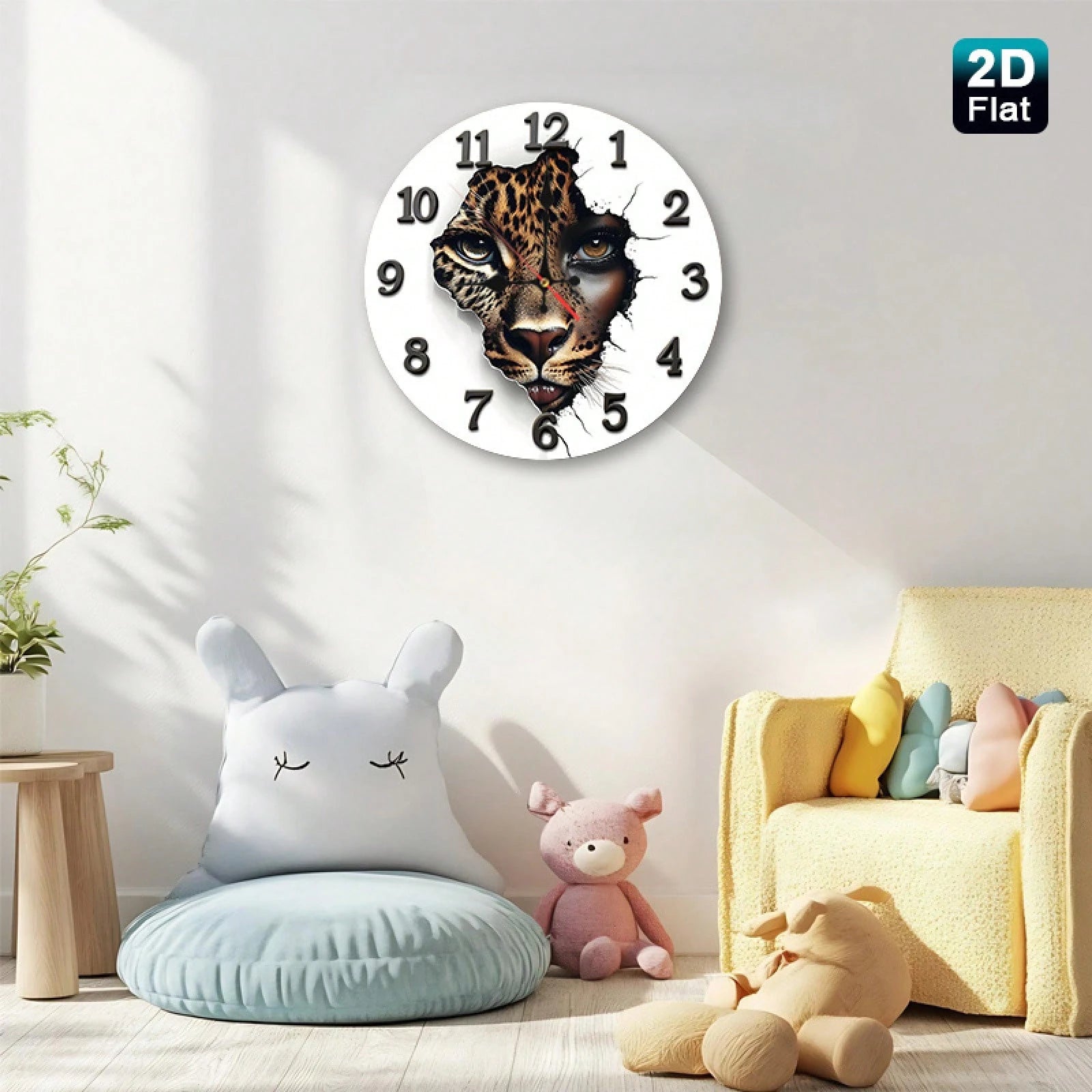 1 2D Flat Leopard Print Baby Face Wall Clock| Silent And Non-Ticking, Very Suitable For Kitchens, Classrooms, Offices, Homes, And Schools