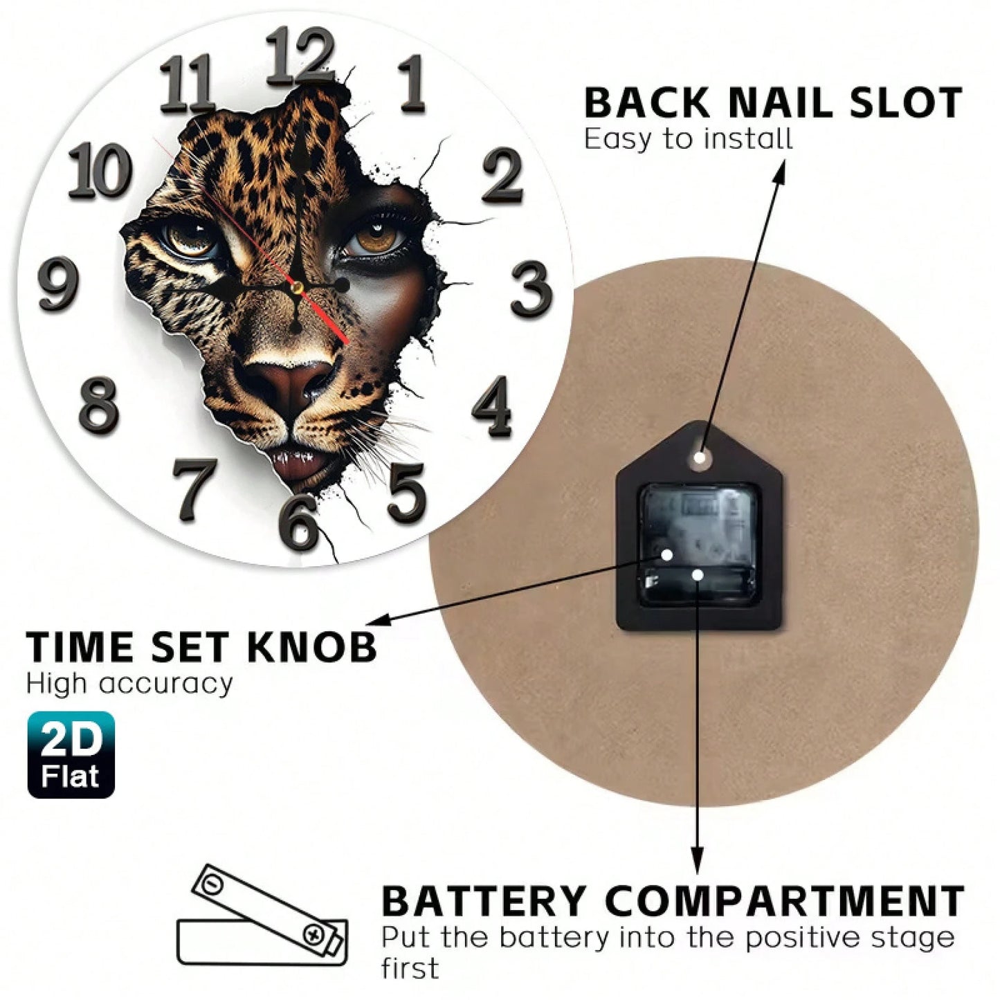 1 2D Flat Leopard Print Baby Face Wall Clock| Silent And Non-Ticking, Very Suitable For Kitchens, Classrooms, Offices, Homes, And Schools