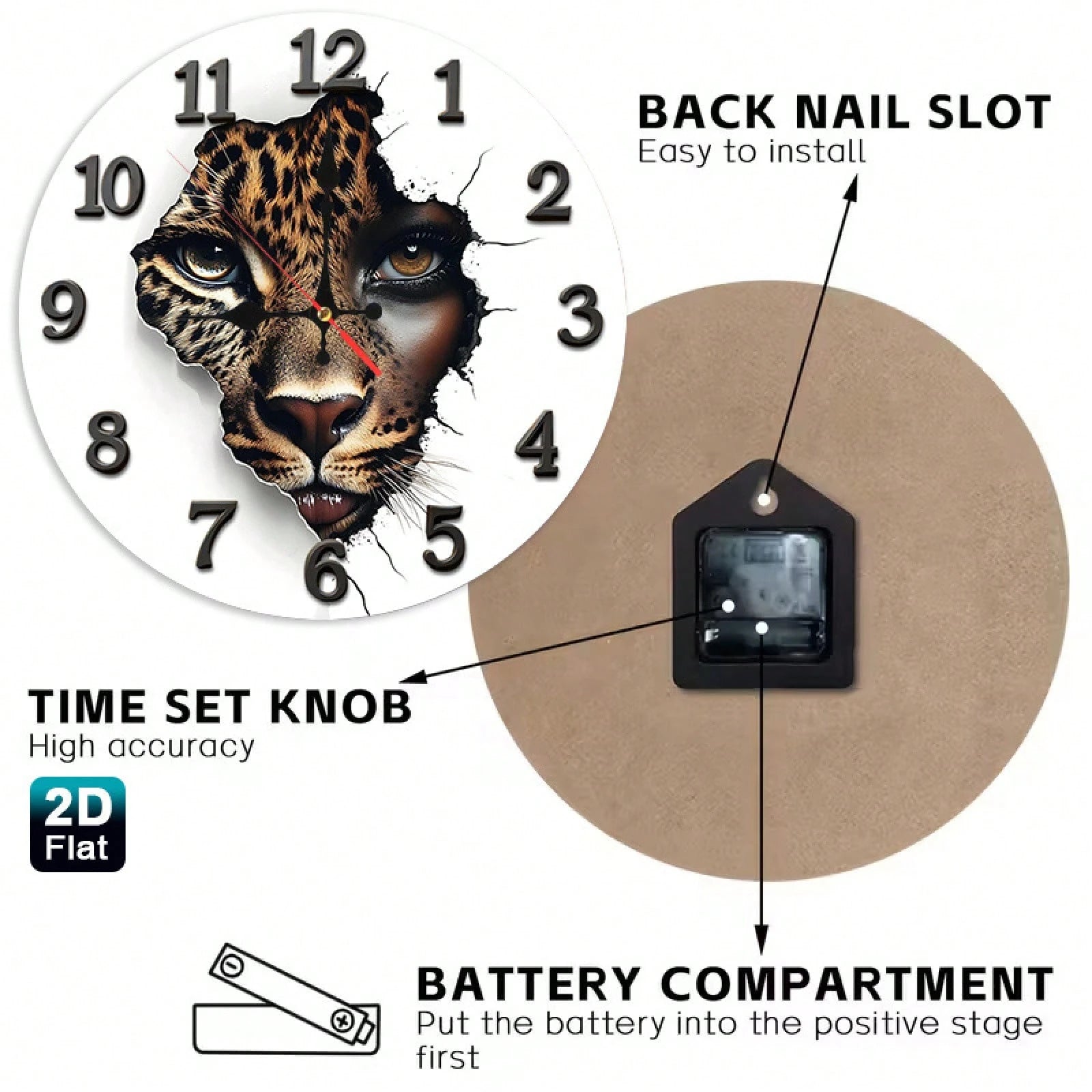 1 2D Flat Leopard Print Baby Face Wall Clock| Silent And Non-Ticking, Very Suitable For Kitchens, Classrooms, Offices, Homes, And Schools