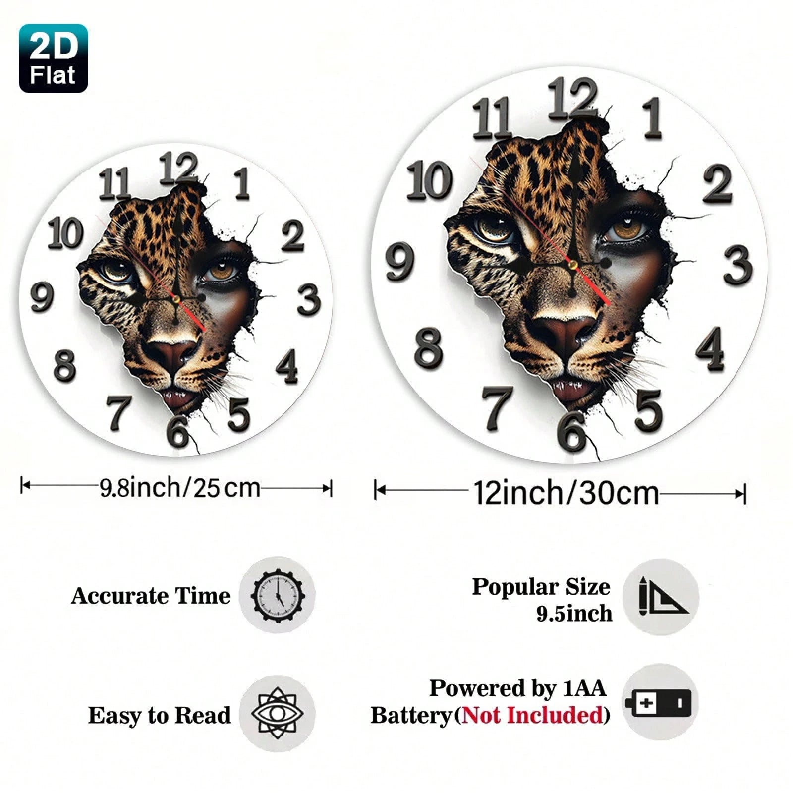 1 2D Flat Leopard Print Baby Face Wall Clock| Silent And Non-Ticking, Very Suitable For Kitchens, Classrooms, Offices, Homes, And Schools