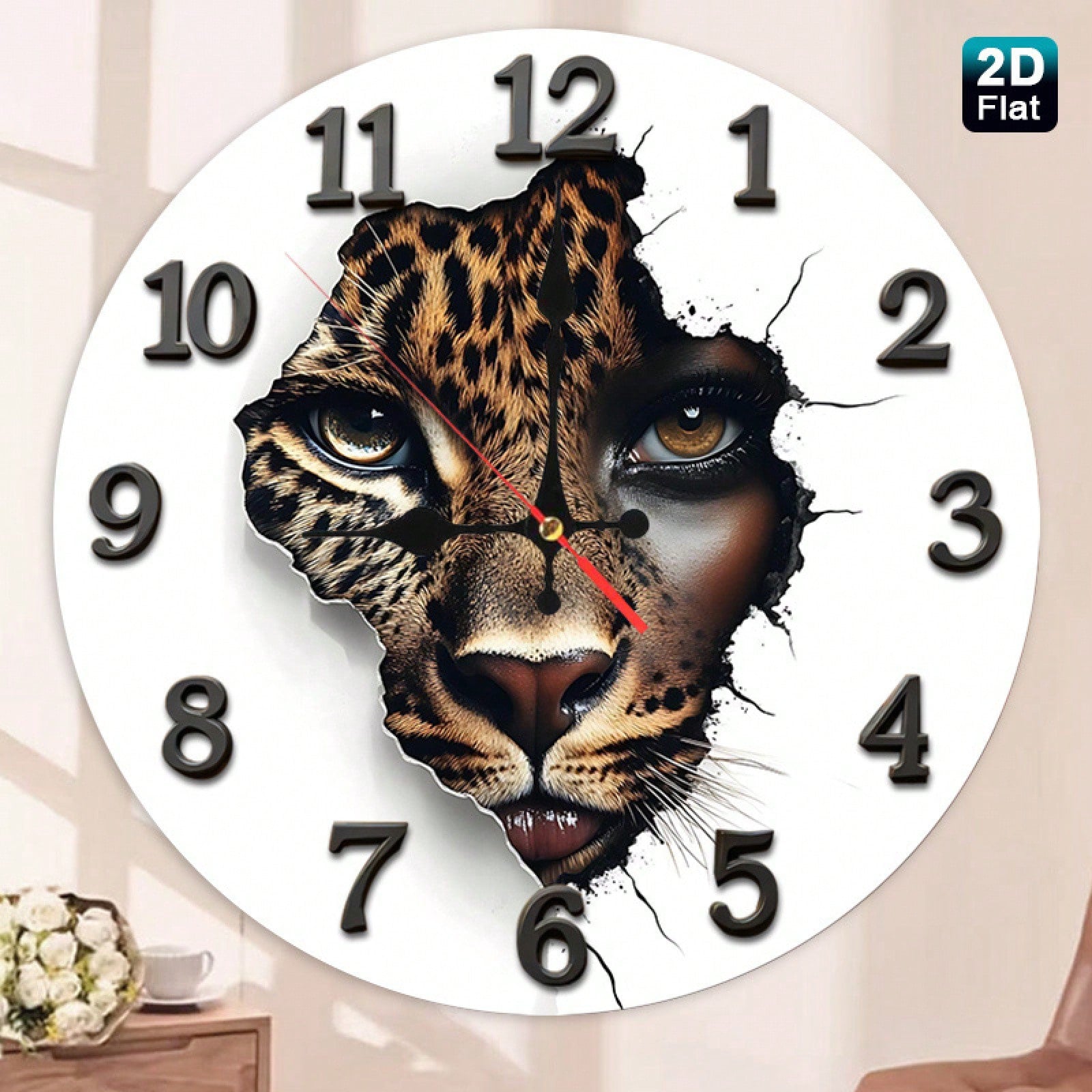1 2D Flat Leopard Print Baby Face Wall Clock| Silent And Non-Ticking, Very Suitable For Kitchens, Classrooms, Offices, Homes, And Schools