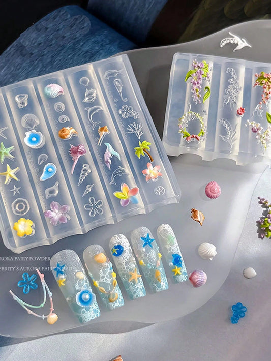 1/2pcs Cute Ocean & Floral Element Women's Nail Art Mold Nail Art Auxiliary Tool DIY Nail Gel Oil Filling Suitable For Various Occasions
