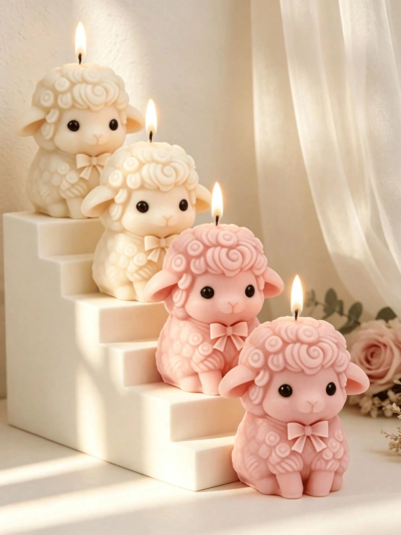 1/4pcs Cute Sheep Shaped Scented Candles, Soft Lamb Figurine Soy Wax Candles With Bows, Beautiful Home Decor Tabletop Decoration, Perfect Easter Wedding Baby Shower Gift For Women, Soothing Fragrance