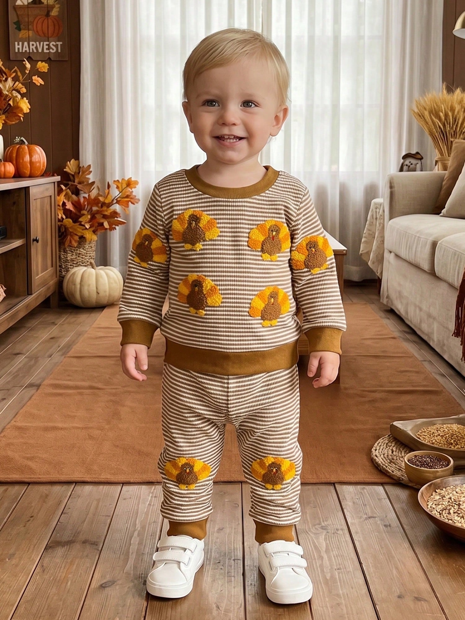 1-4T Toddler Boy Thanksgiving Clothes Set Turkey Embroidery Long Sleeve Crew Neck Sweatshirts And Stripe Pants 2 Piece Outfits