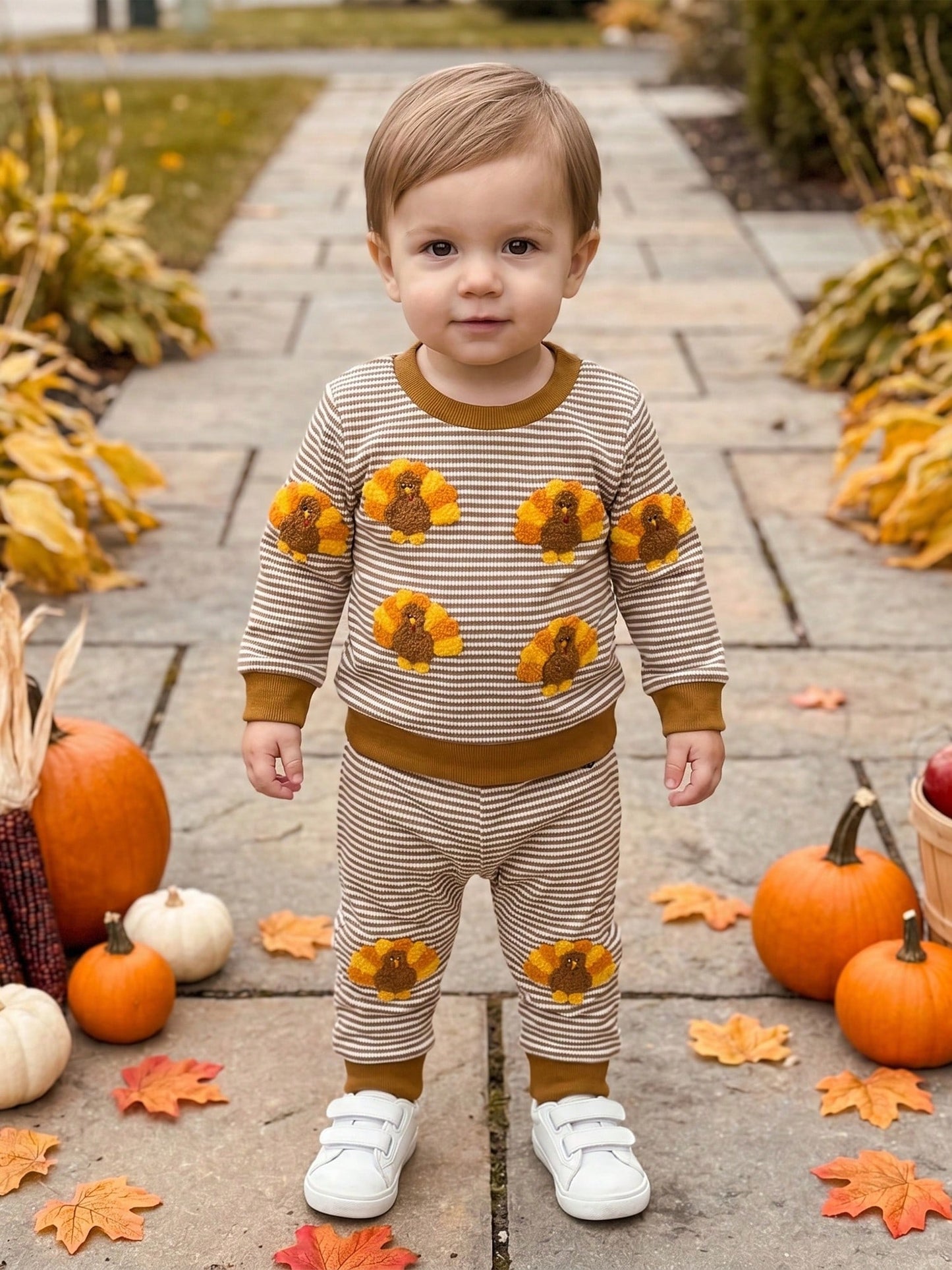 1-4T Toddler Boy Thanksgiving Clothes Set Turkey Embroidery Long Sleeve Crew Neck Sweatshirts And Stripe Pants 2 Piece Outfits