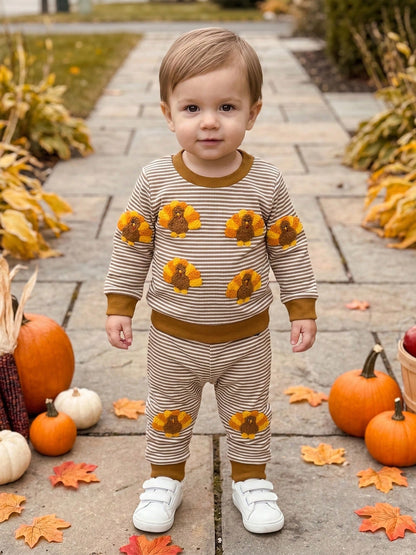 1-4T Toddler Boy Thanksgiving Clothes Set Turkey Embroidery Long Sleeve Crew Neck Sweatshirts And Stripe Pants 2 Piece Outfits