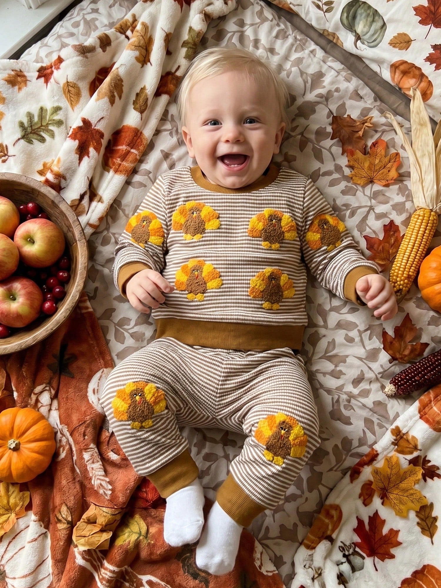 1-4T Toddler Boy Thanksgiving Clothes Set Turkey Embroidery Long Sleeve Crew Neck Sweatshirts And Stripe Pants 2 Piece Outfits