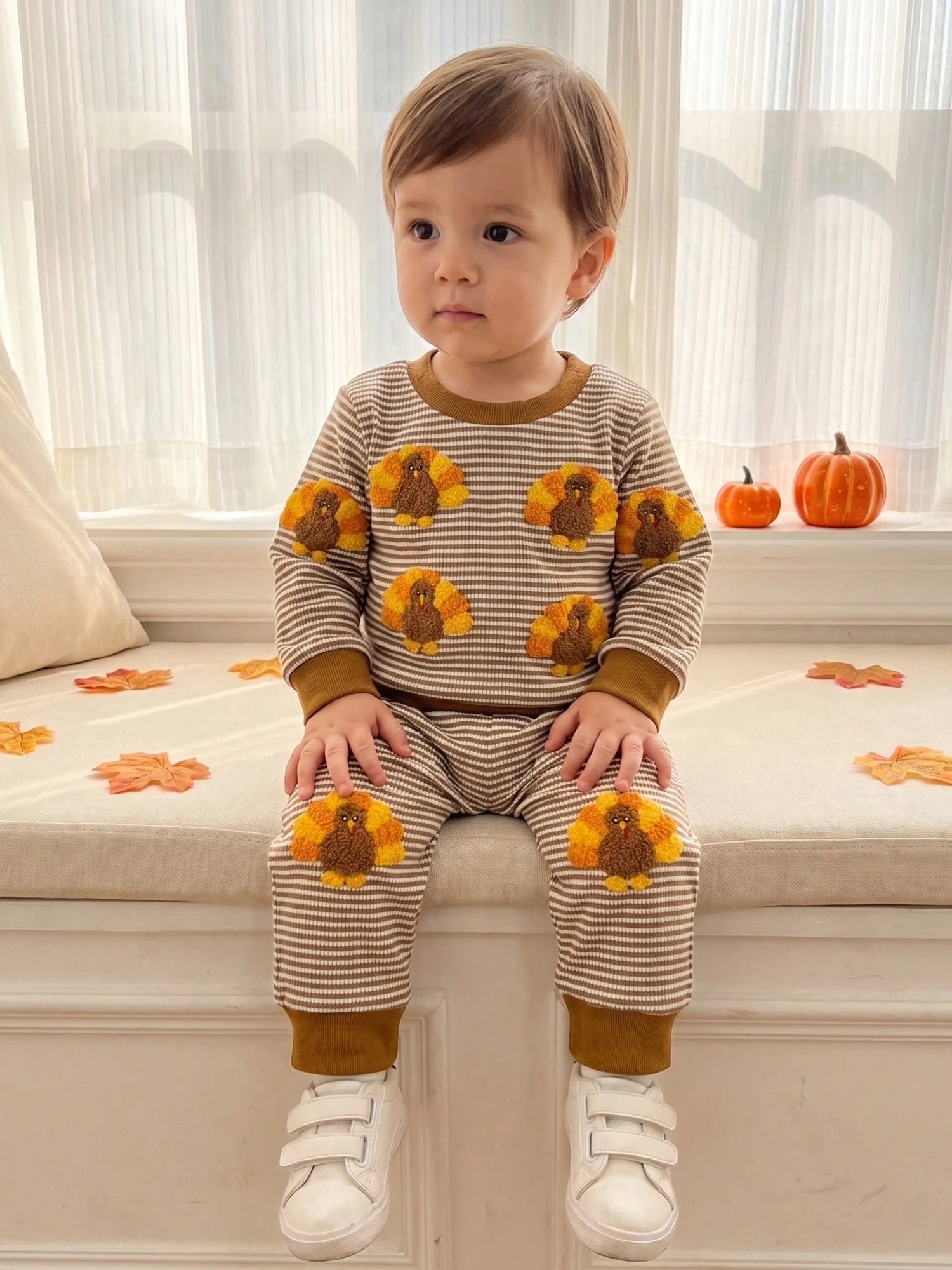 1-4T Toddler Boy Thanksgiving Clothes Set Turkey Embroidery Long Sleeve Crew Neck Sweatshirts And Stripe Pants 2 Piece Outfits
