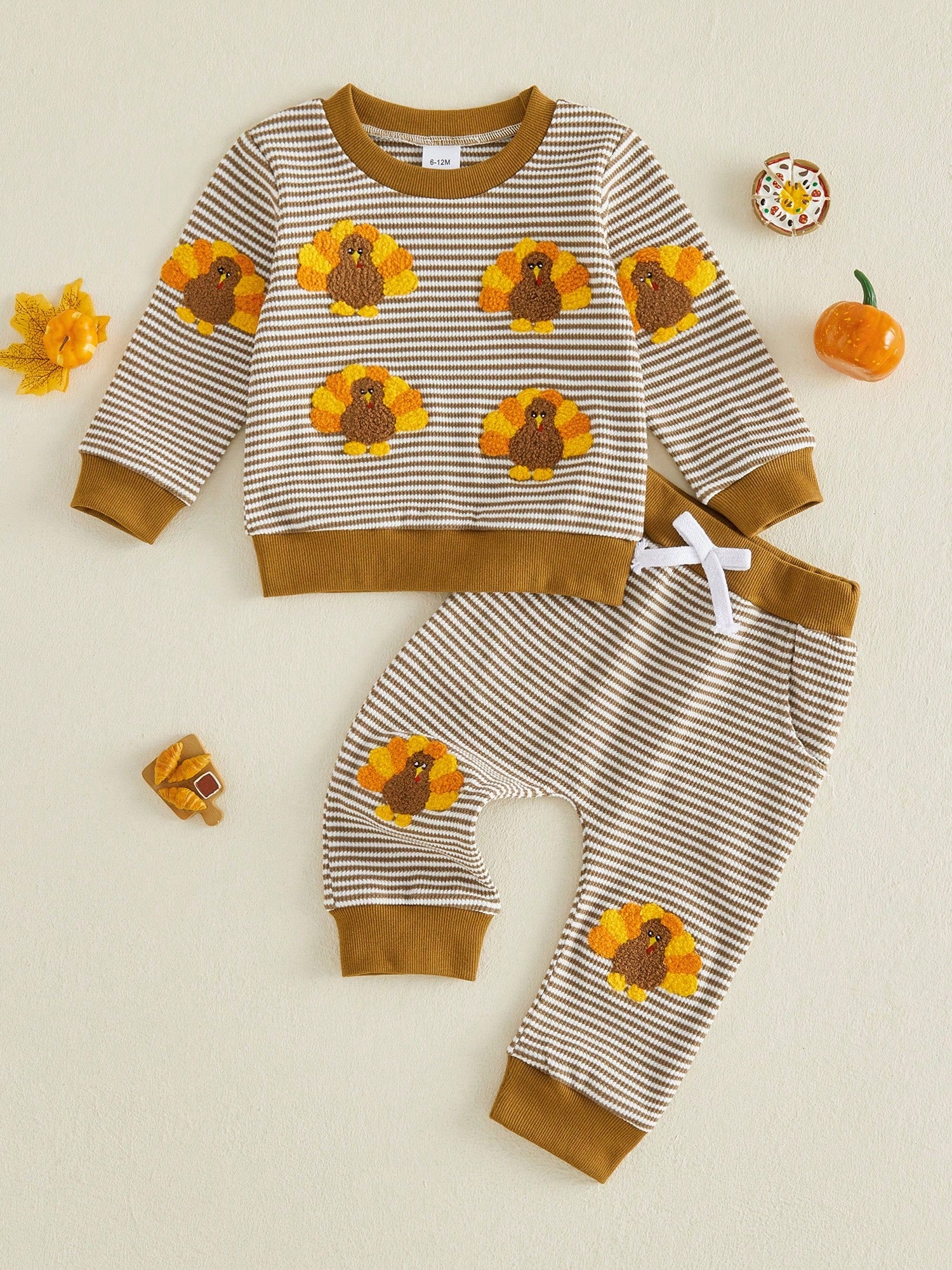 1-4T Toddler Boy Thanksgiving Clothes Set Turkey Embroidery Long Sleeve Crew Neck Sweatshirts And Stripe Pants 2 Piece Outfits