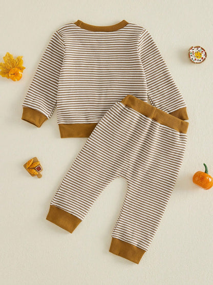 1-4T Toddler Boy Thanksgiving Clothes Set Turkey Embroidery Long Sleeve Crew Neck Sweatshirts And Stripe Pants 2 Piece Outfits