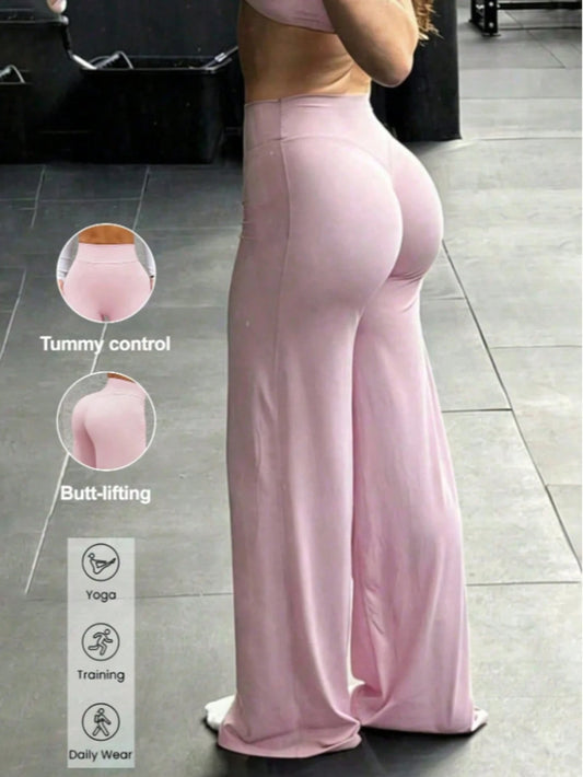 1 Pair Women's Solid Color Loose Yoga Wide Leg Pants, Comfortable Fitted Versatile, Suitable For Running, Fitness And Yoga Sports Pink