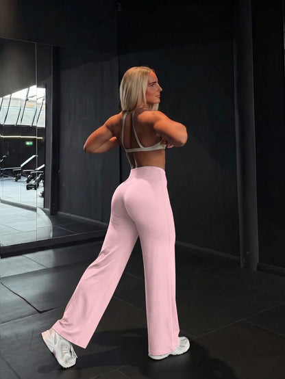 1 Pair Women's Solid Color Loose Yoga Wide Leg Pants, Comfortable Fitted Versatile, Suitable For Running, Fitness And Yoga Sports Pink