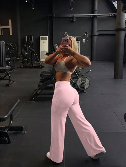1 Pair Women's Solid Color Loose Yoga Wide Leg Pants, Comfortable Fitted Versatile, Suitable For Running, Fitness And Yoga Sports Pink