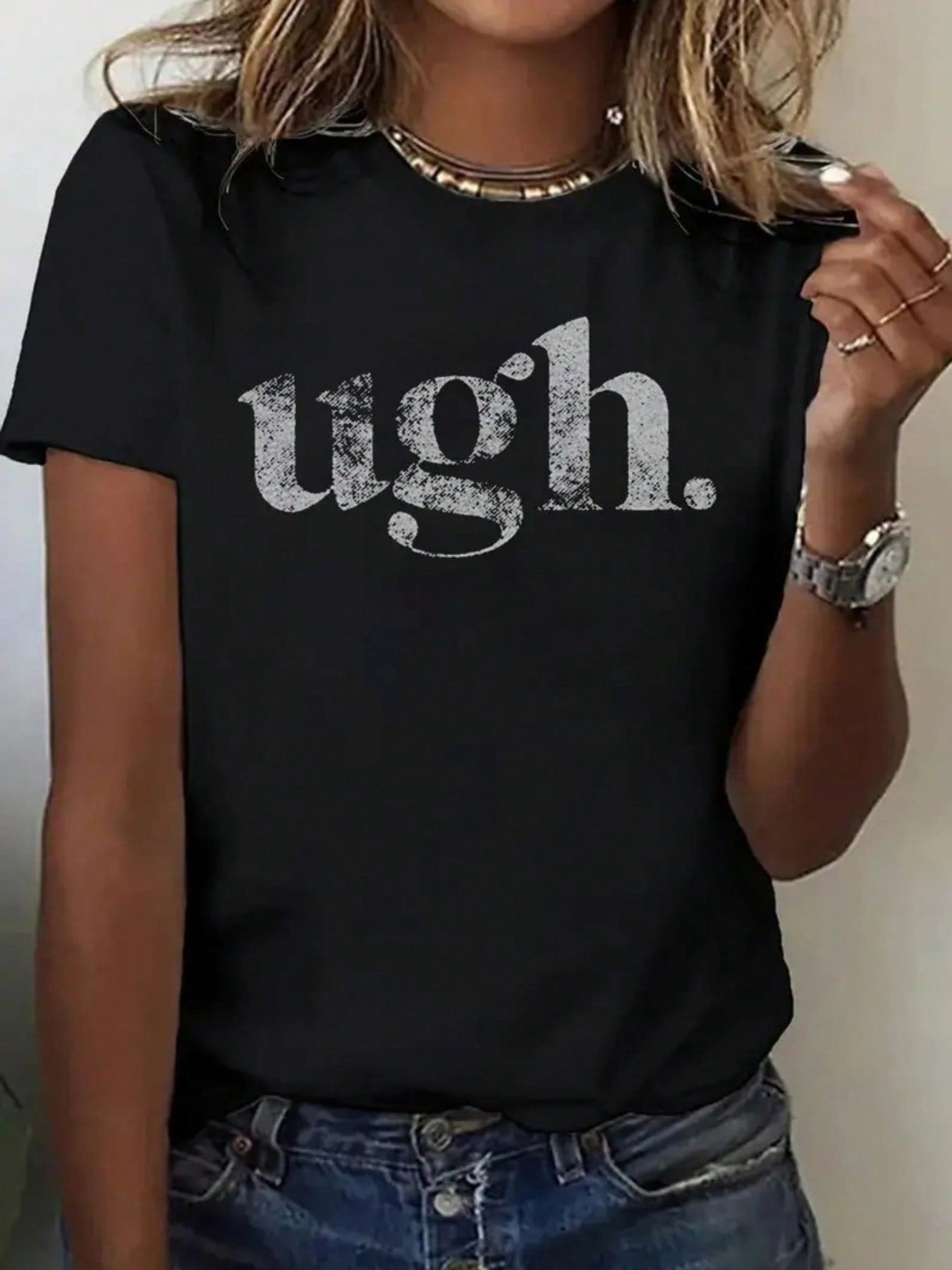 [1 Pcs Plus Size] Plus Size- Plus Size- Plus Size Women'S Oversized T-Shirt With Ugly Letter Print- Plus Size Friendly Medium Stretch Round Neck Short Sleeve Top, All-Season Comfort Fit, Machine Wa