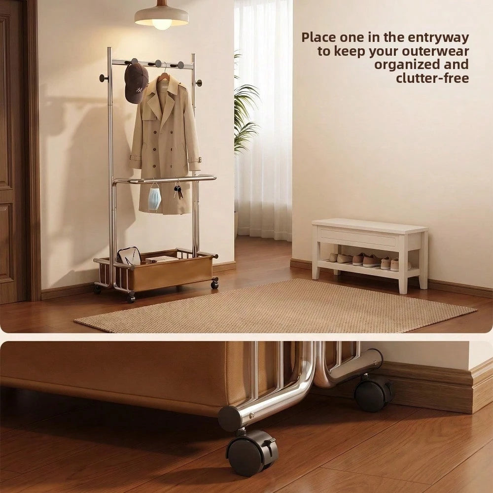 1 Piece Floor Standing Garment Rack For Home Use, Movable Clothes Hanger With Wheels, Minimalist Multi-Layer Storage Organizer For Bedroom Living Room Clothing Hanging And Daily Accessories Arrangemen