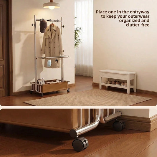 1 Piece Floor Standing Garment Rack For Home Use, Movable Clothes Hanger With Wheels, Minimalist Multi-Layer Storage Organizer For Bedroom Living Room Clothing Hanging And Daily Accessories Arrangemen