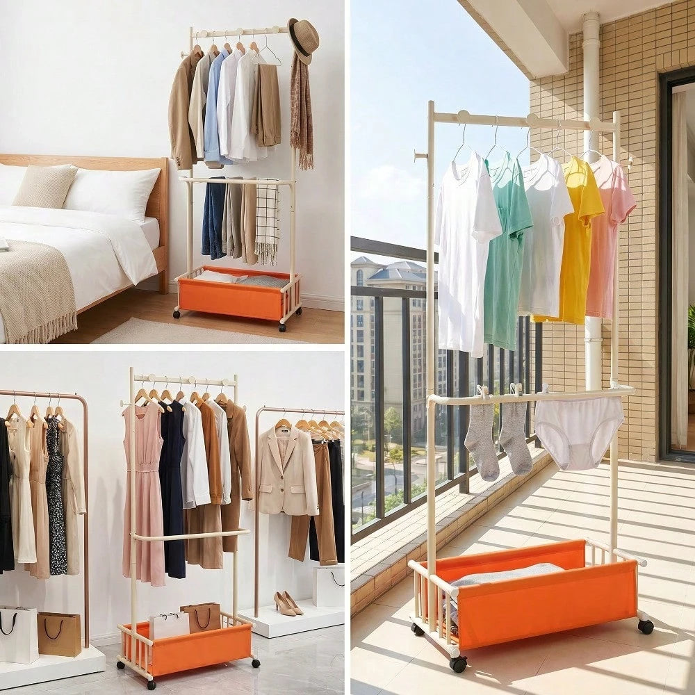 1 Piece Floor Standing Garment Rack For Home Use, Movable Clothes Hanger With Wheels, Minimalist Multi-Layer Storage Organizer For Bedroom Living Room Clothing Hanging And Daily Accessories Arrangemen