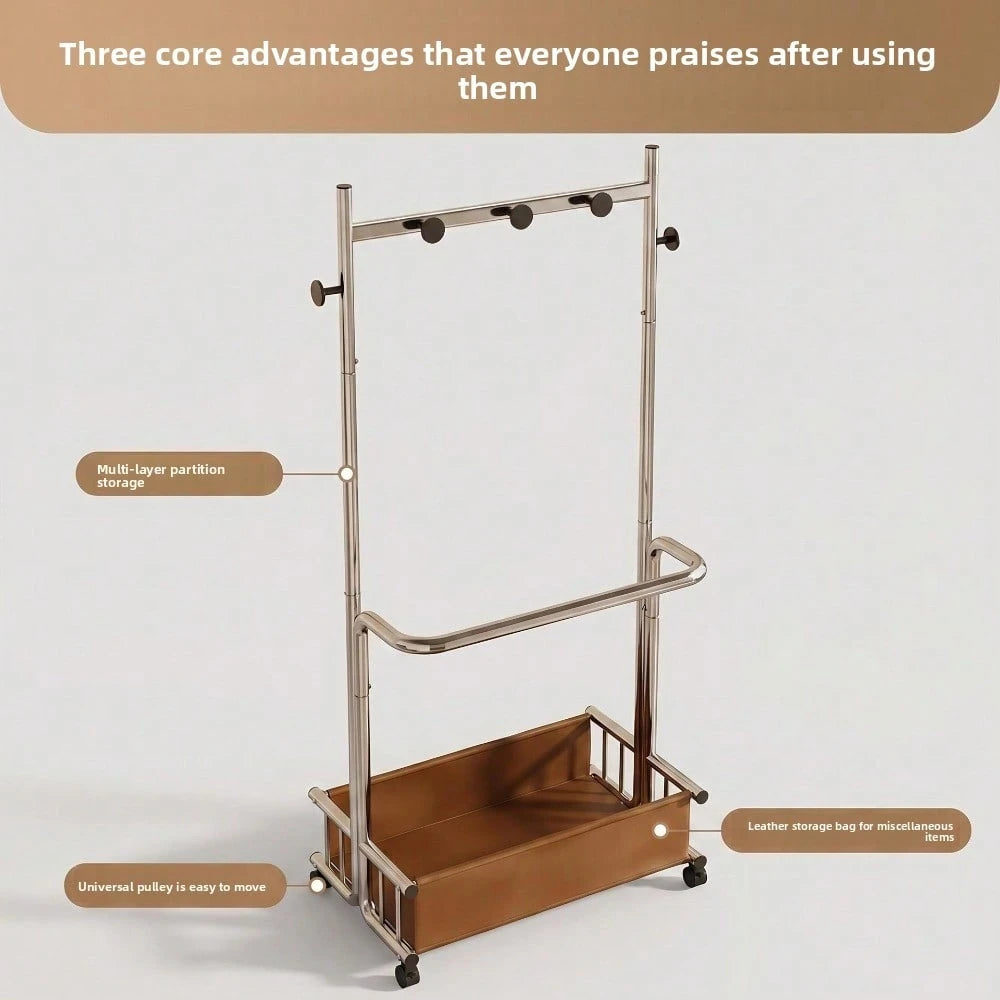 1 Piece Floor Standing Garment Rack For Home Use, Movable Clothes Hanger With Wheels, Minimalist Multi-Layer Storage Organizer For Bedroom Living Room Clothing Hanging And Daily Accessories Arrangemen