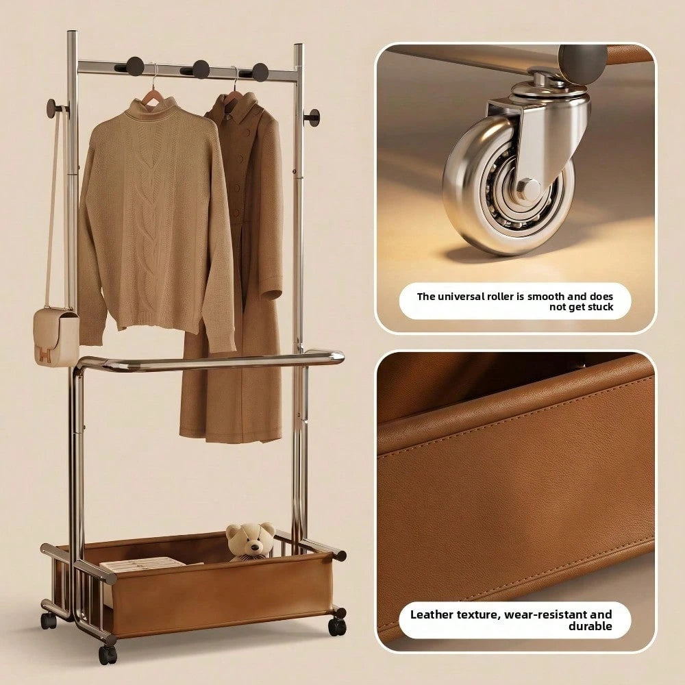 1 Piece Floor Standing Garment Rack For Home Use, Movable Clothes Hanger With Wheels, Minimalist Multi-Layer Storage Organizer For Bedroom Living Room Clothing Hanging And Daily Accessories Arrangemen