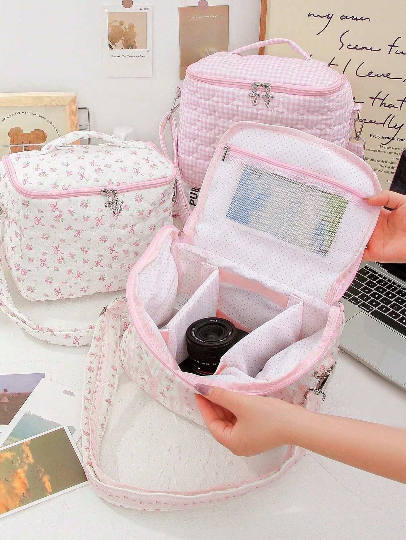 1 Piece Quilted Floral Camera Bag Digital Camera Bag Travel Camera Prot Anti-Shock Digital Camera Case Compatible Protector Travel Camera Lens Carry Case Professional DSLR/SLR/Mirrorless Camera Case W