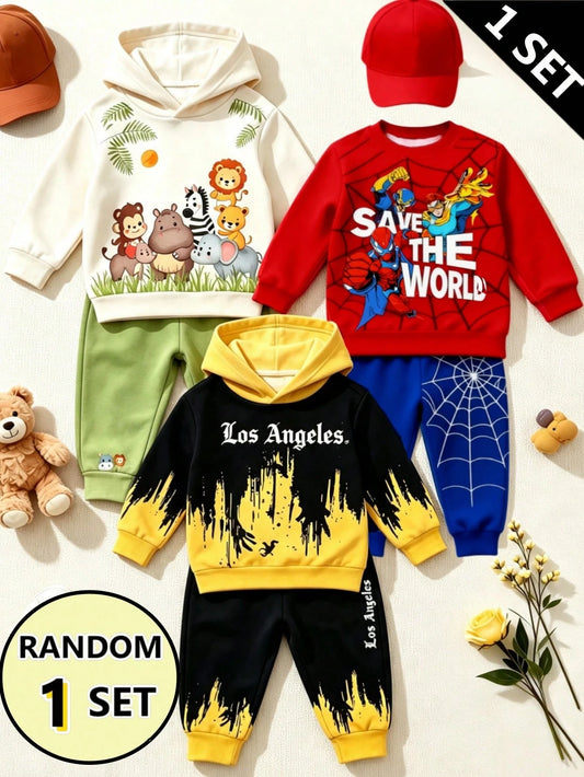 1 Random Set,Baby Boys Superhero Spider Web Print Color Block Sweatshirt Set Fall Cute Red Blue Letter Ribbed Cuffs Long Sleeve School Outfits