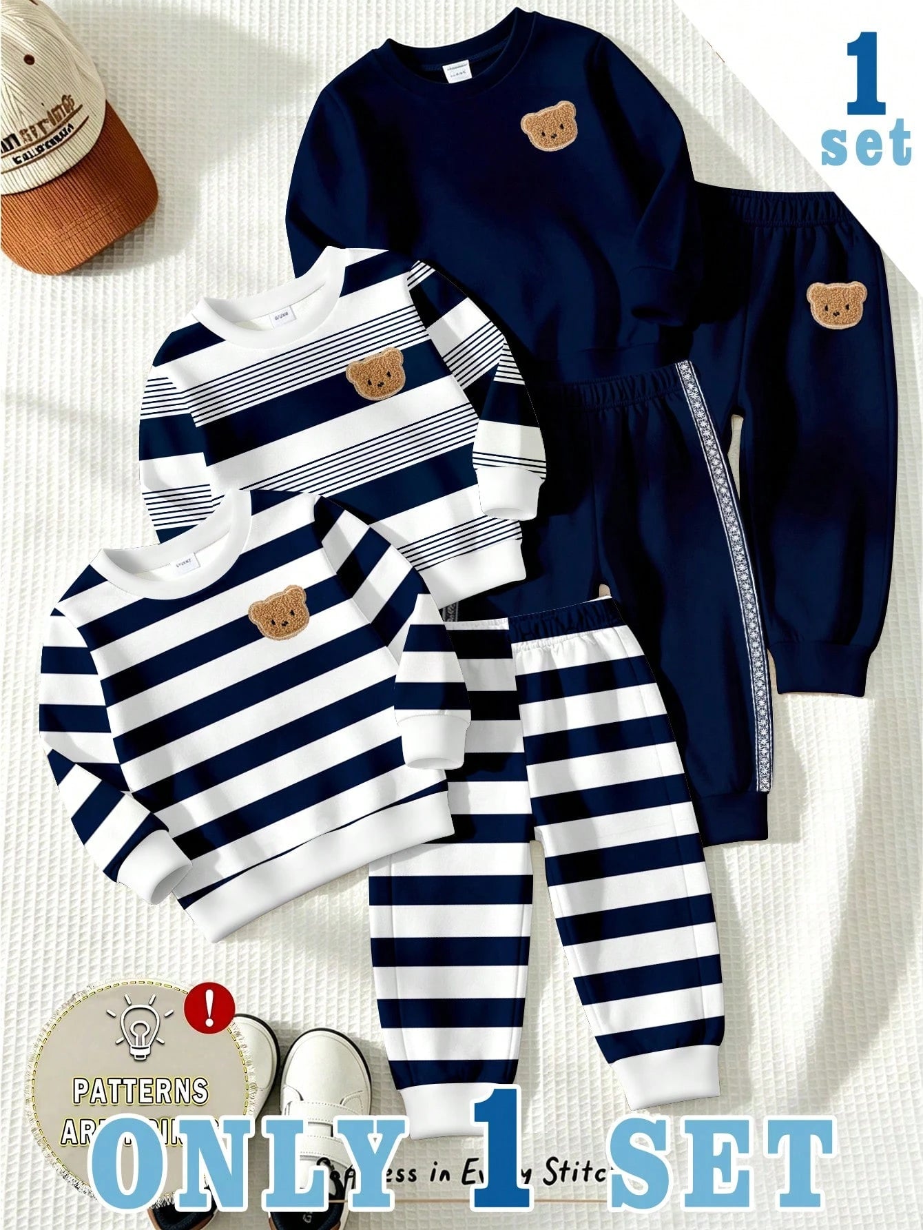 1 Random Set, Fleece Royal Blue Striped Colorblock Royal Blue Casual Fashion Classic Cute Bear Colorblock Striped Print