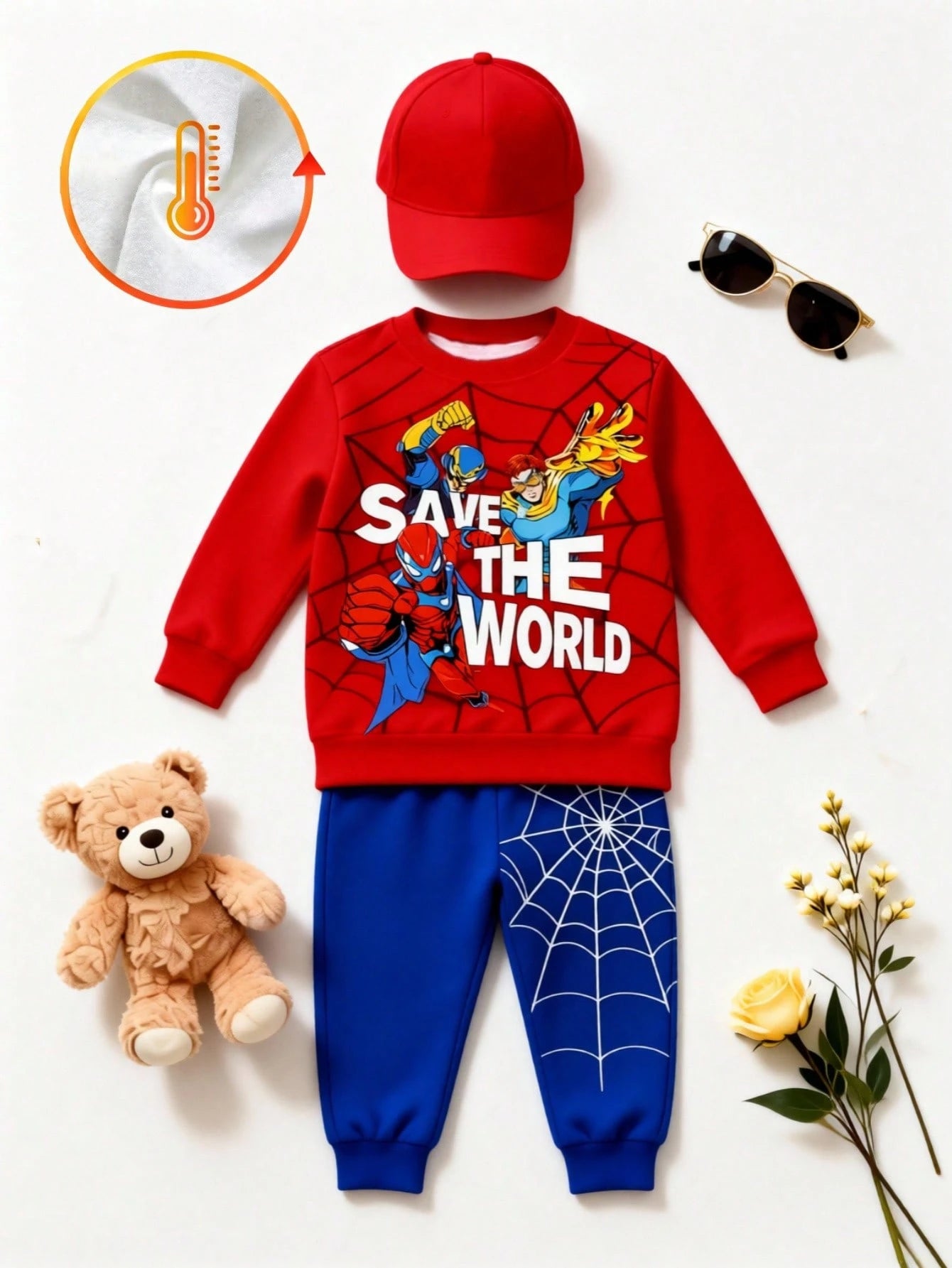1 Random Set,Baby Boys Superhero Spider Web Print Color Block Sweatshirt Set Fall Cute Red Blue Letter Ribbed Cuffs Long Sleeve School Outfits