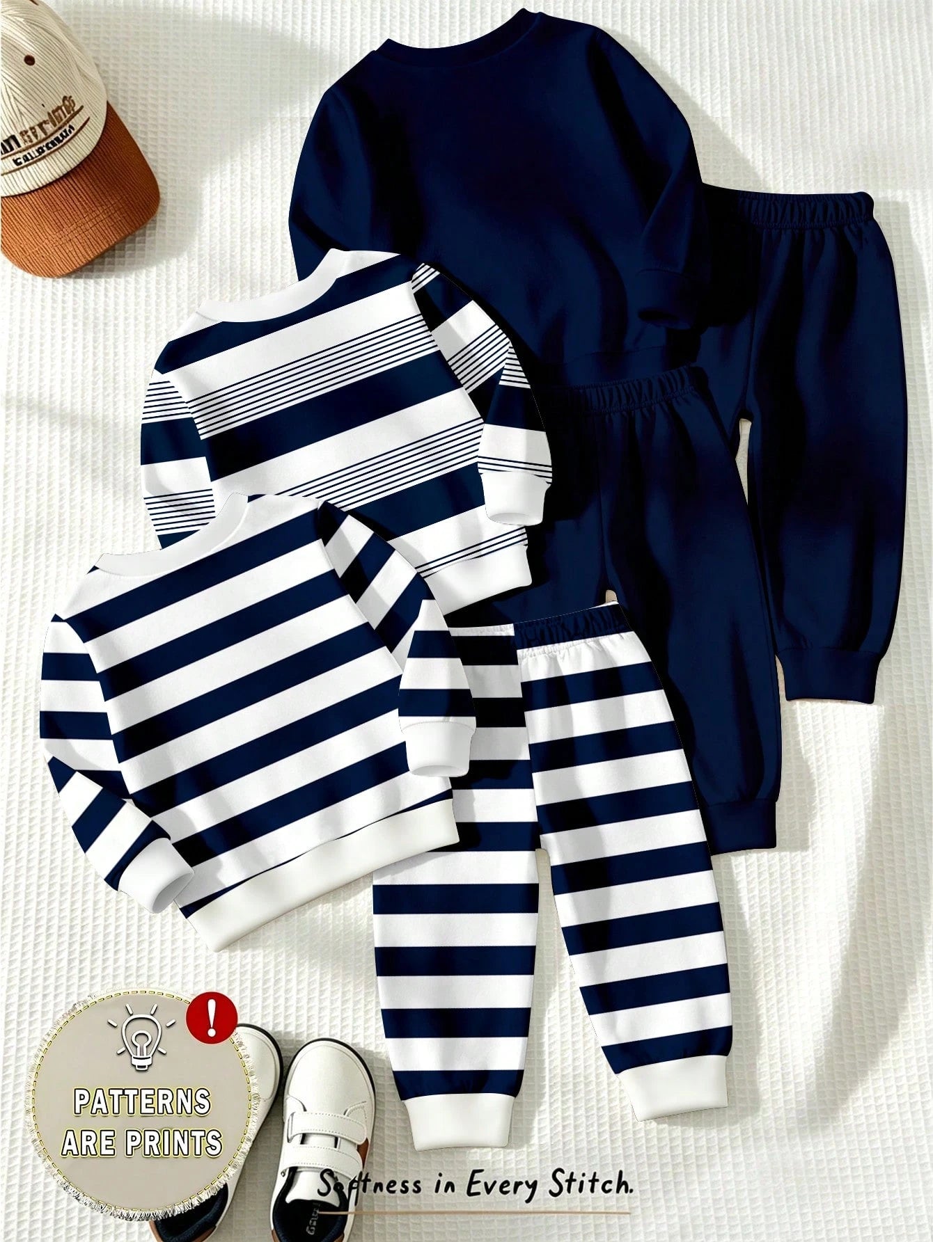 1 Random Set, Fleece Royal Blue Striped Colorblock Royal Blue Casual Fashion Classic Cute Bear Colorblock Striped Print