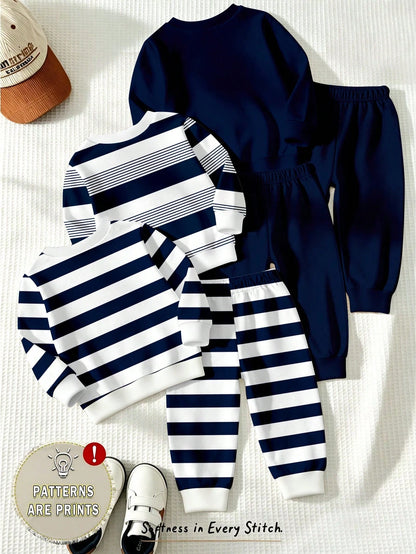 1 Random Set, Fleece Royal Blue Striped Colorblock Royal Blue Casual Fashion Classic Cute Bear Colorblock Striped Print