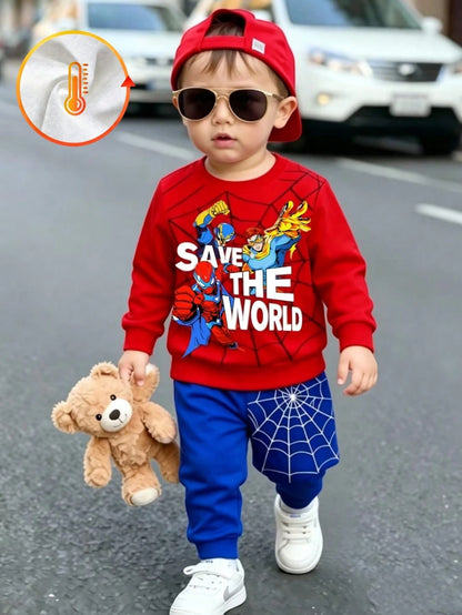 1 Random Set,Baby Boys Superhero Spider Web Print Color Block Sweatshirt Set Fall Cute Red Blue Letter Ribbed Cuffs Long Sleeve School Outfits