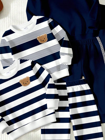 1 Random Set, Fleece Royal Blue Striped Colorblock Royal Blue Casual Fashion Classic Cute Bear Colorblock Striped Print