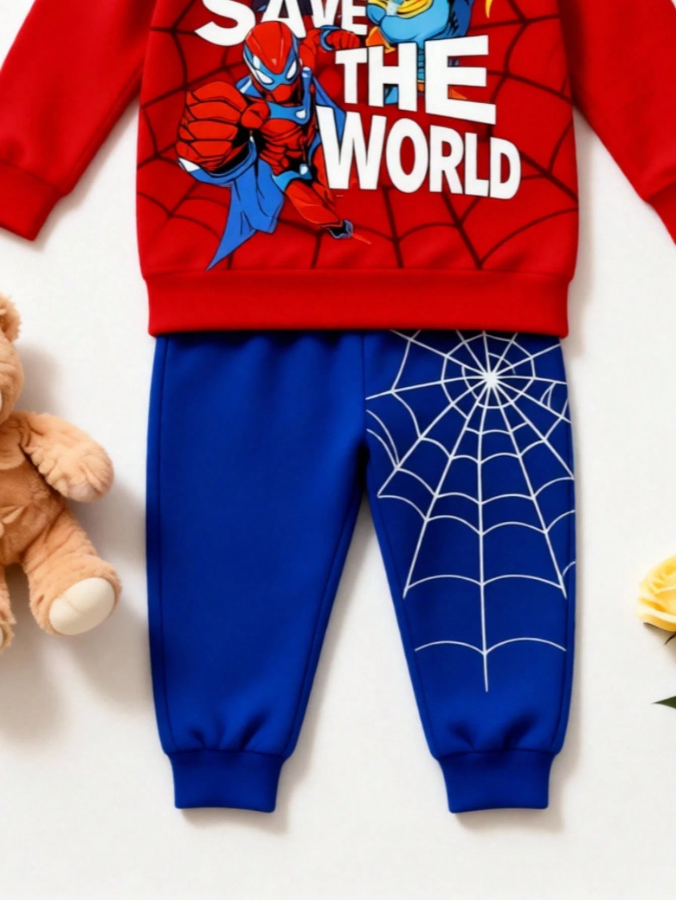 1 Random Set,Baby Boys Superhero Spider Web Print Color Block Sweatshirt Set Fall Cute Red Blue Letter Ribbed Cuffs Long Sleeve School Outfits
