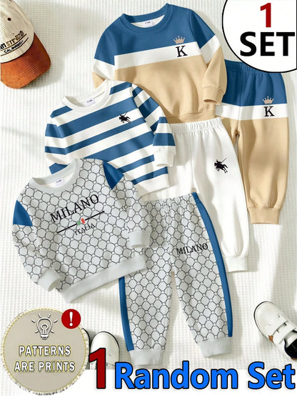 1 Random Set, Fleece Royal Blue Striped Colorblock Royal Blue Casual Fashion Classic Cute Bear Colorblock Striped Print