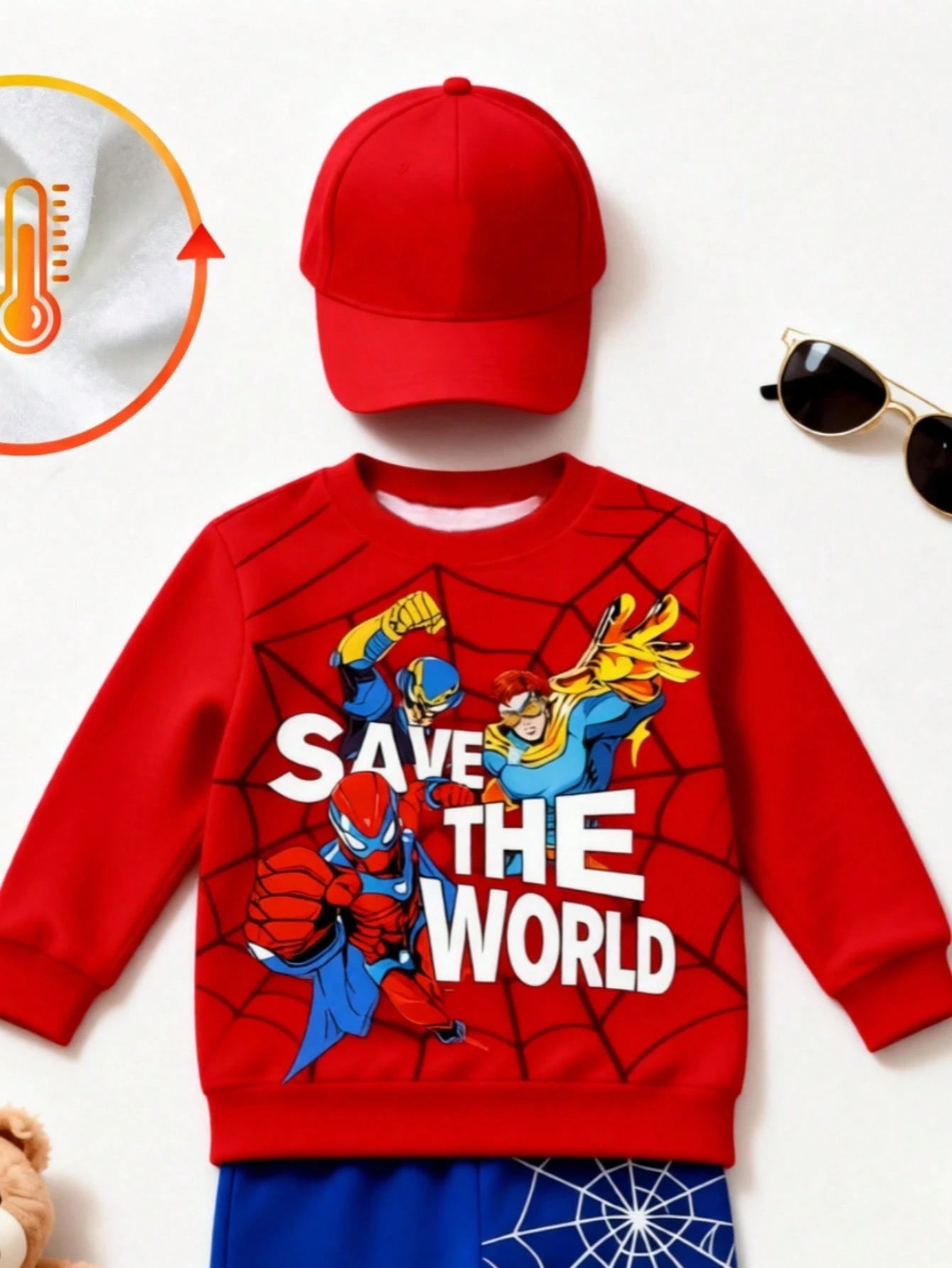 1 Random Set,Baby Boys Superhero Spider Web Print Color Block Sweatshirt Set Fall Cute Red Blue Letter Ribbed Cuffs Long Sleeve School Outfits
