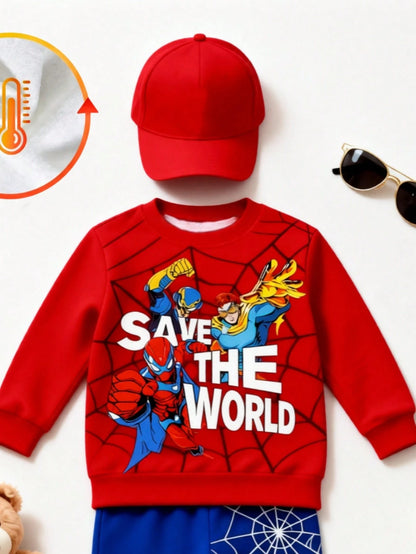 1 Random Set,Baby Boys Superhero Spider Web Print Color Block Sweatshirt Set Fall Cute Red Blue Letter Ribbed Cuffs Long Sleeve School Outfits