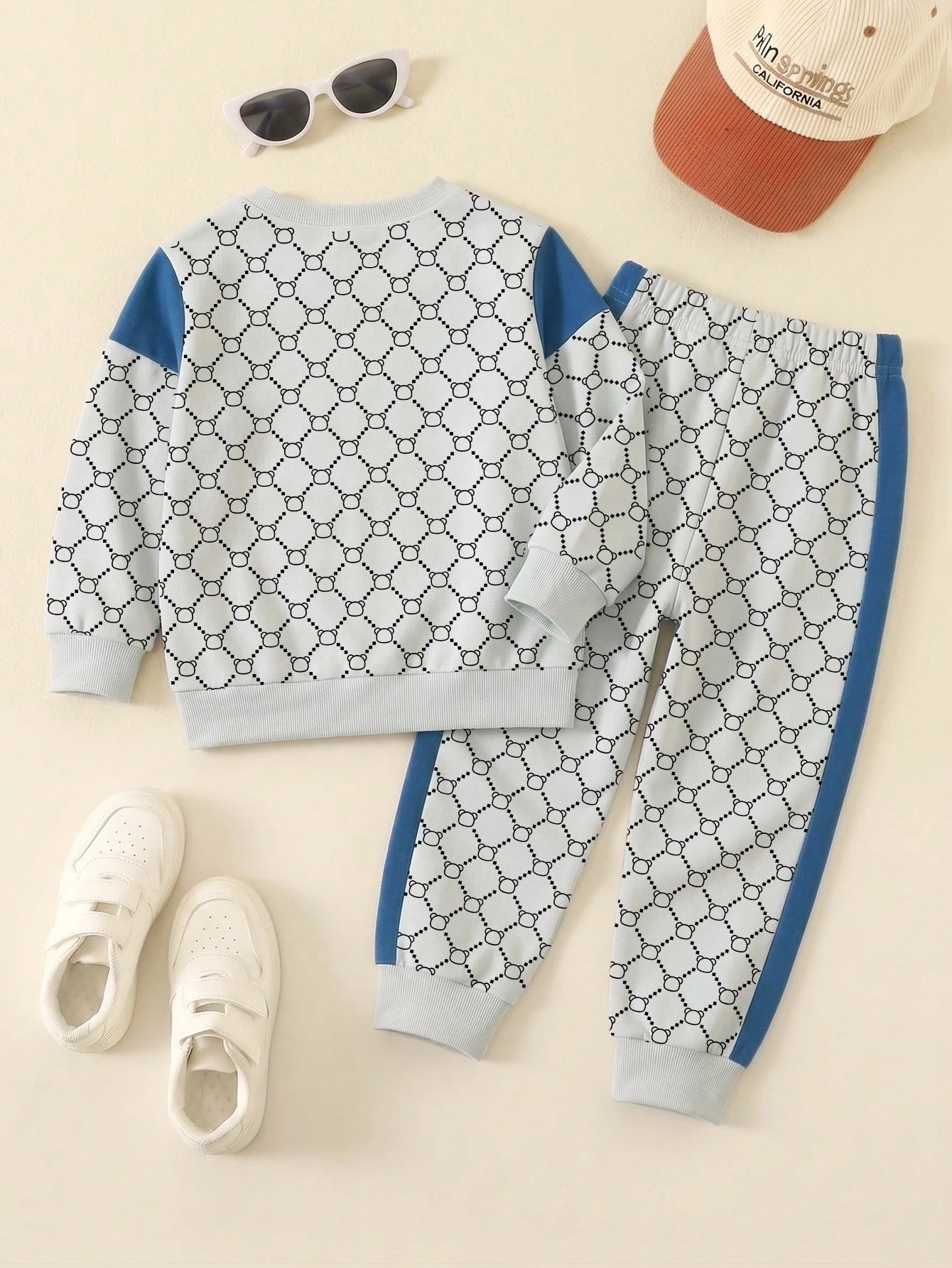 1 Random Set, Fleece Royal Blue Striped Colorblock Royal Blue Casual Fashion Classic Cute Bear Colorblock Striped Print
