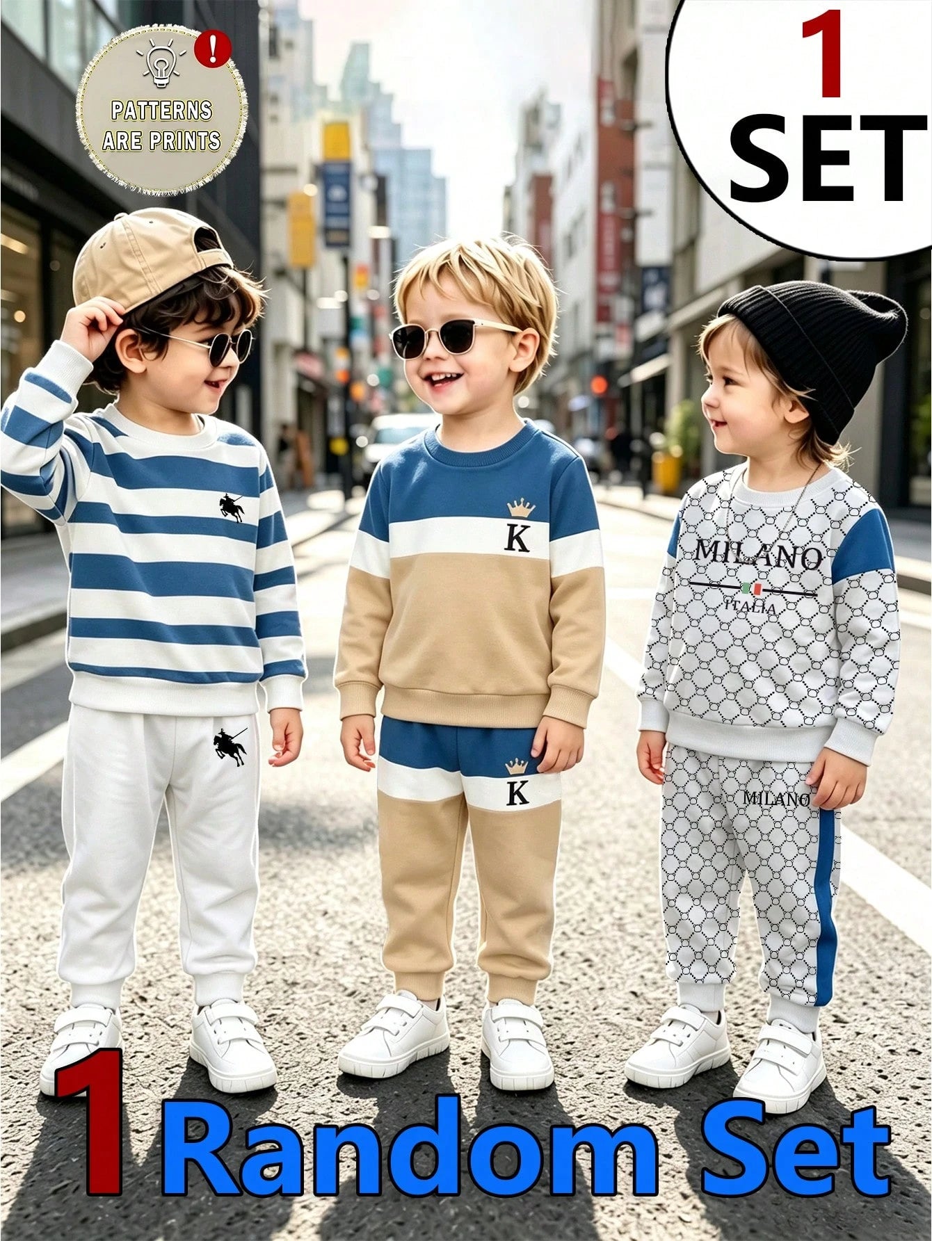 1 Random Set, Fleece Royal Blue Striped Colorblock Royal Blue Casual Fashion Classic Cute Bear Colorblock Striped Print