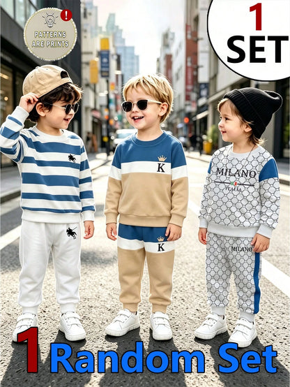 1 Random Set, Fleece Royal Blue Striped Colorblock Royal Blue Casual Fashion Classic Cute Bear Colorblock Striped Print