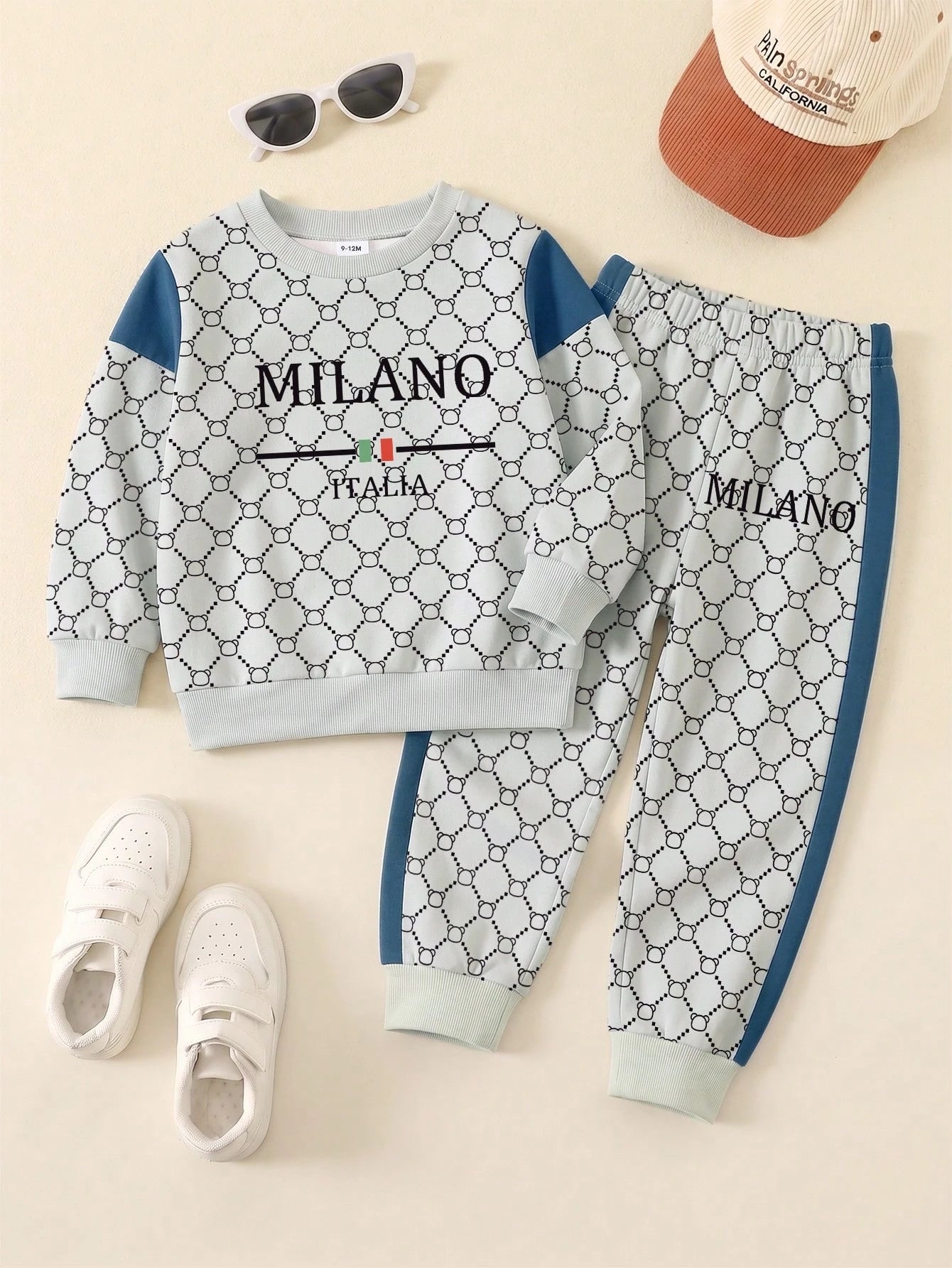 1 Random Set, Fleece Royal Blue Striped Colorblock Royal Blue Casual Fashion Classic Cute Bear Colorblock Striped Print