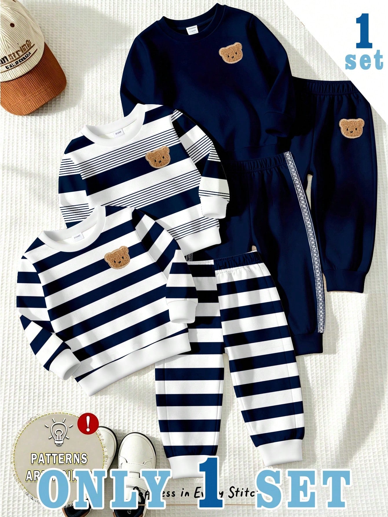 1 Random Set, Fleece Royal Blue Striped Colorblock Royal Blue Casual Fashion Classic Cute Bear Colorblock Striped Print
