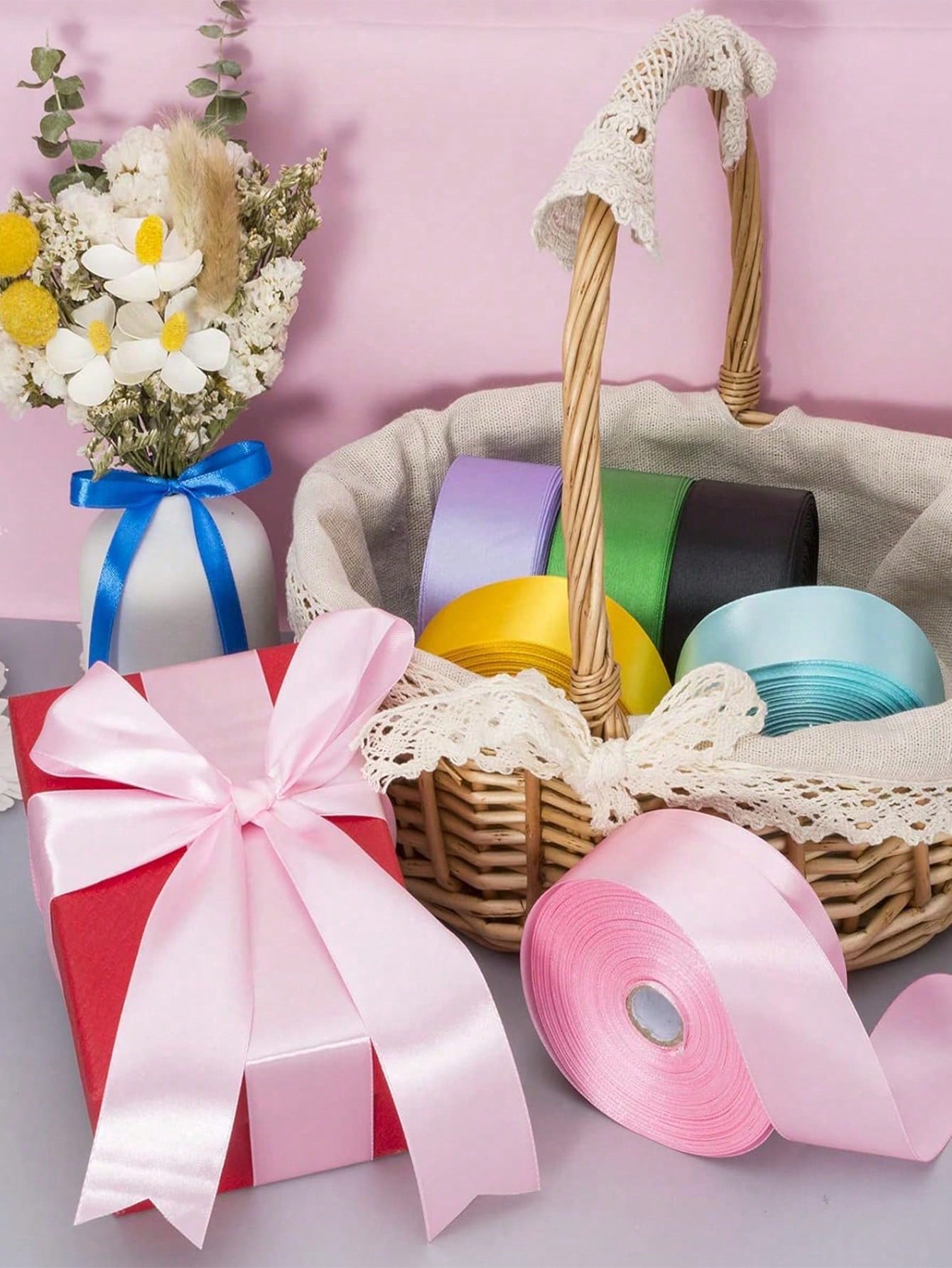 1 Roll 22m Long Handmade Rose Satin Ribbon In Pink Or Blue, 22m Long Polyester Packaging Ribbon, Suitable For Baby Shower, Home Decor, Scene Decoration, Theme Party Decoration