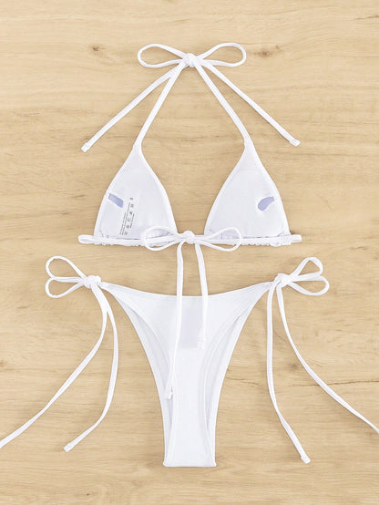1 Set Solid Color Sexy Bikini Swimwear, Beach Vacation Summer Swimwear White Elegant, High Waisted