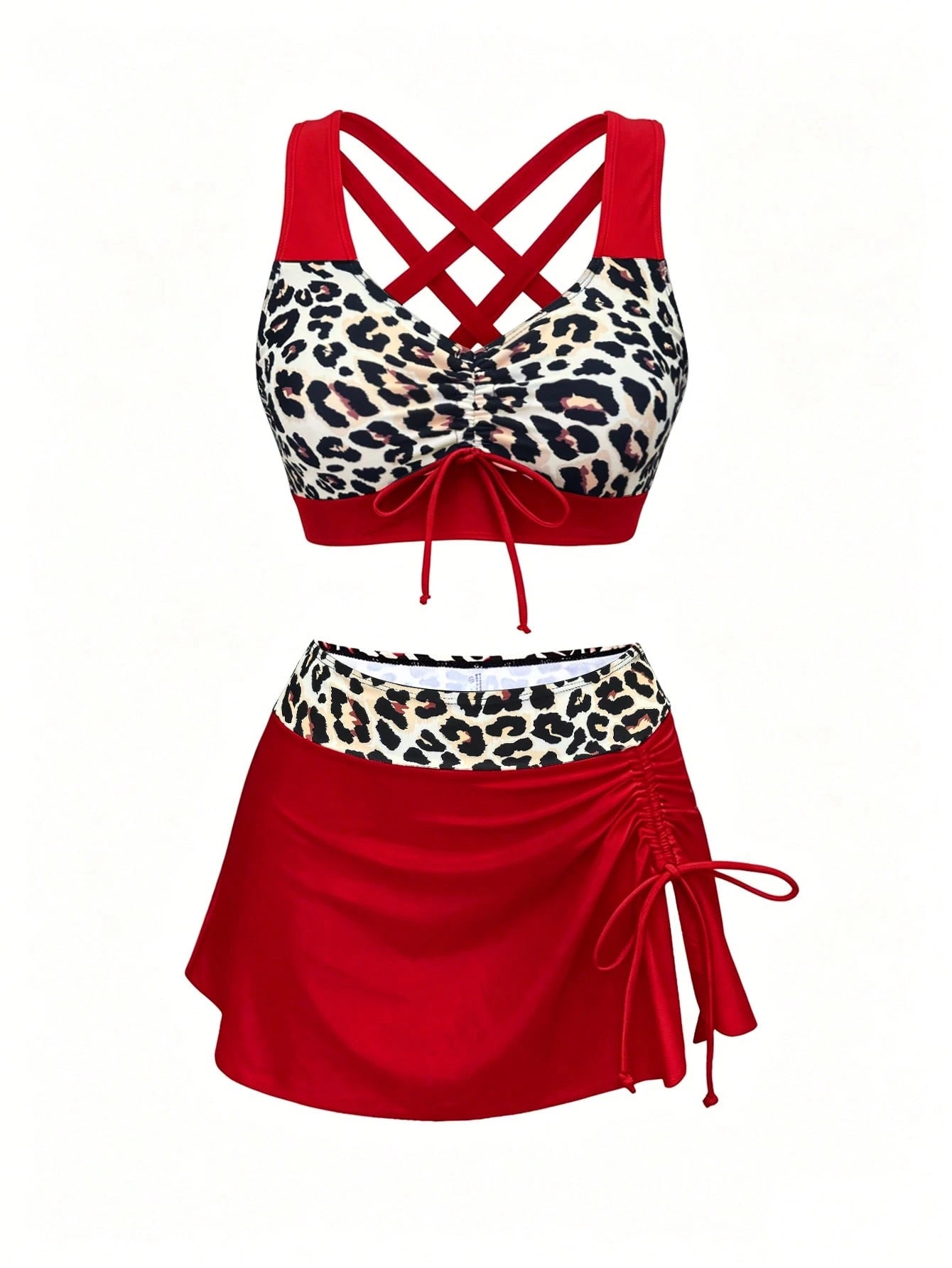 1 Set Women's 3-Piece Bikini Swimwear, Leopard Print Splice Ruched Tie-Up Skirt Swimwear, Fashionable & Slimming Vacation Beach Summer Red